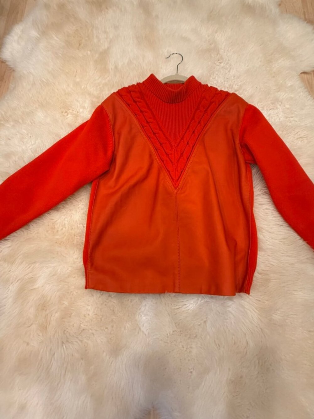 Prada Orange Knit Leather Panel Sweater Cable V-Neck IT 38